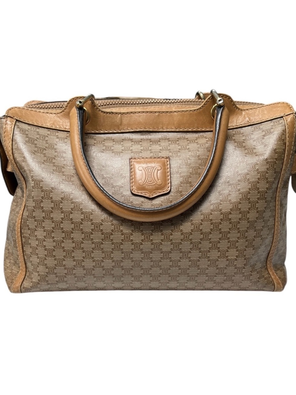 CELINE Macadam VINTAGE Tan and Beige Top Handle Bag WITH Wallet